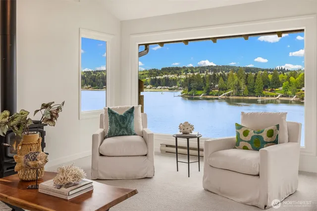 a living room with furniture and a floor to ceiling window