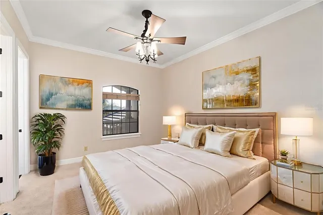 an aerial view of a house with a garden and yard