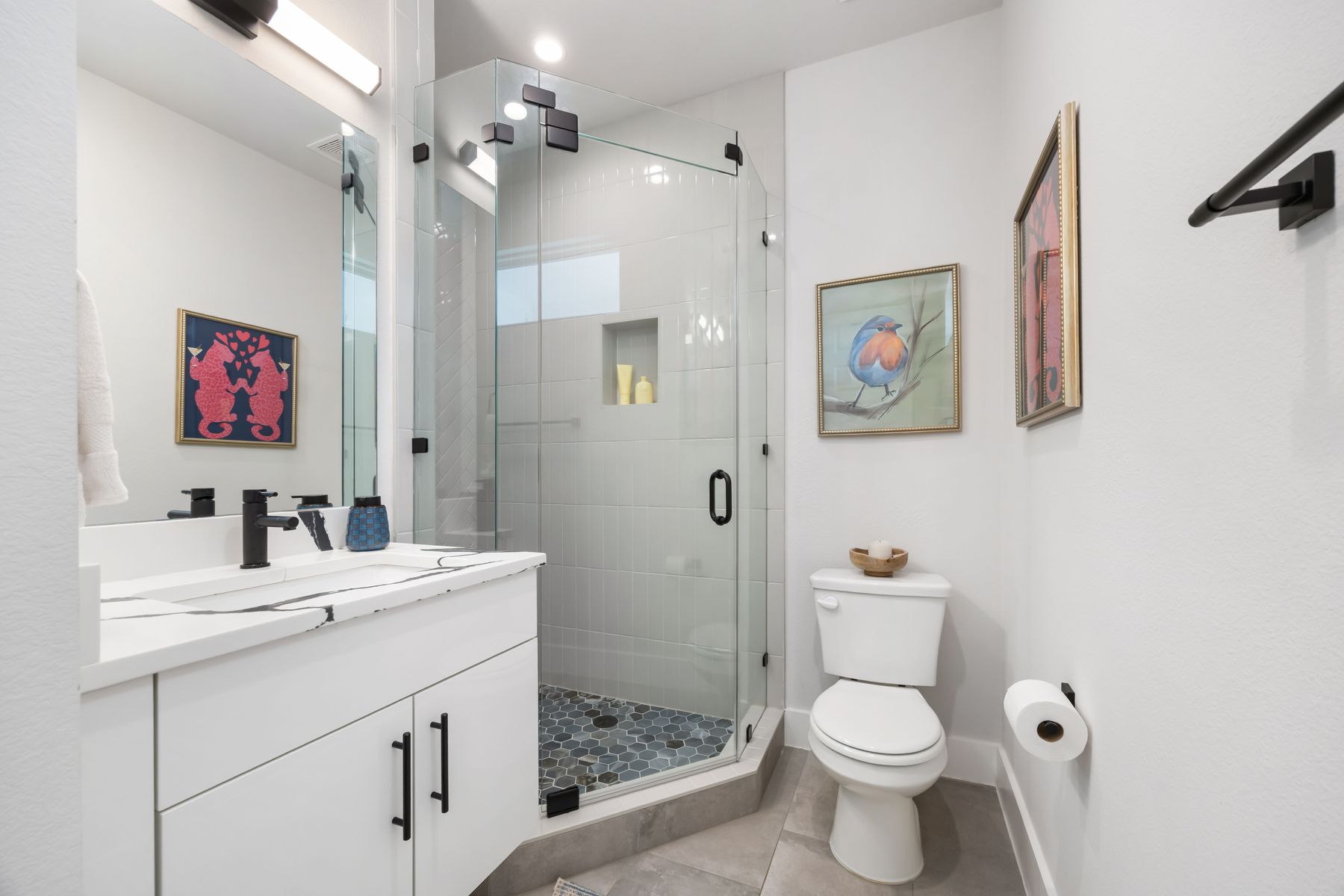2711 Stacy Lane, Unit 2 Austin, TX 78704 - Photo 20 of 26 Bathroom featuring vanity, a shower stall, and light tile patterned floors