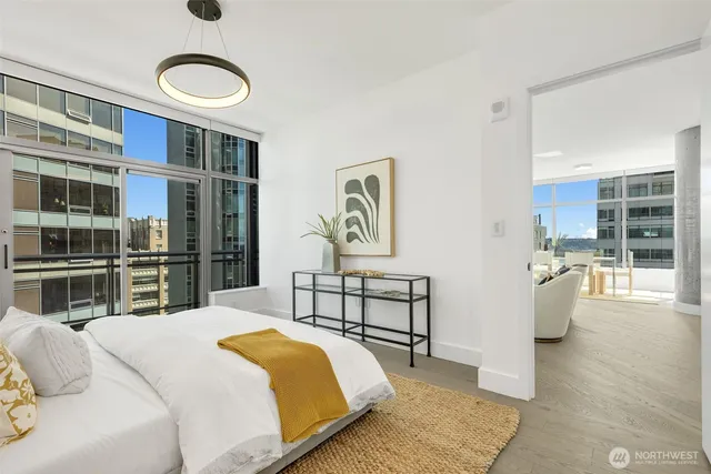 a bedroom with a bed and closet