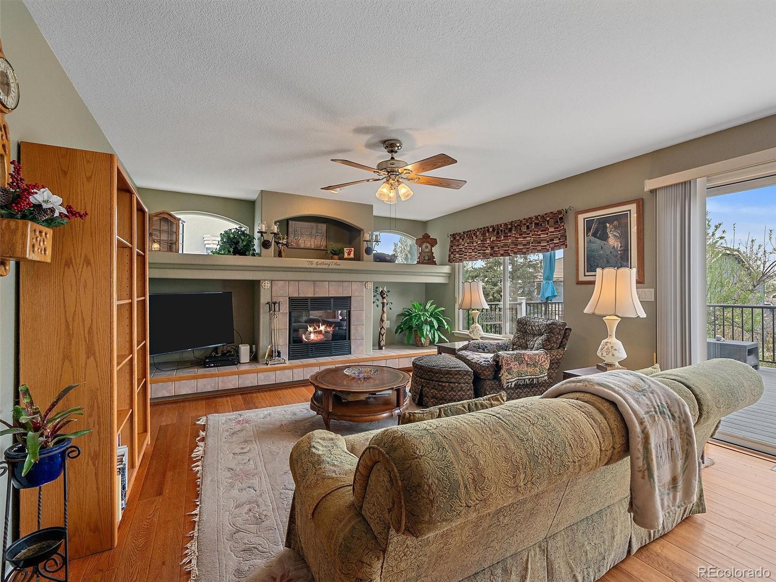 6523 Shannon Trail Highlands Ranch, CO 80130 - Photo 11 of 38 a living room with fireplace furniture and a large window