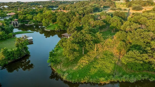 an aerial view of residential houses with outdoor space and trees all around