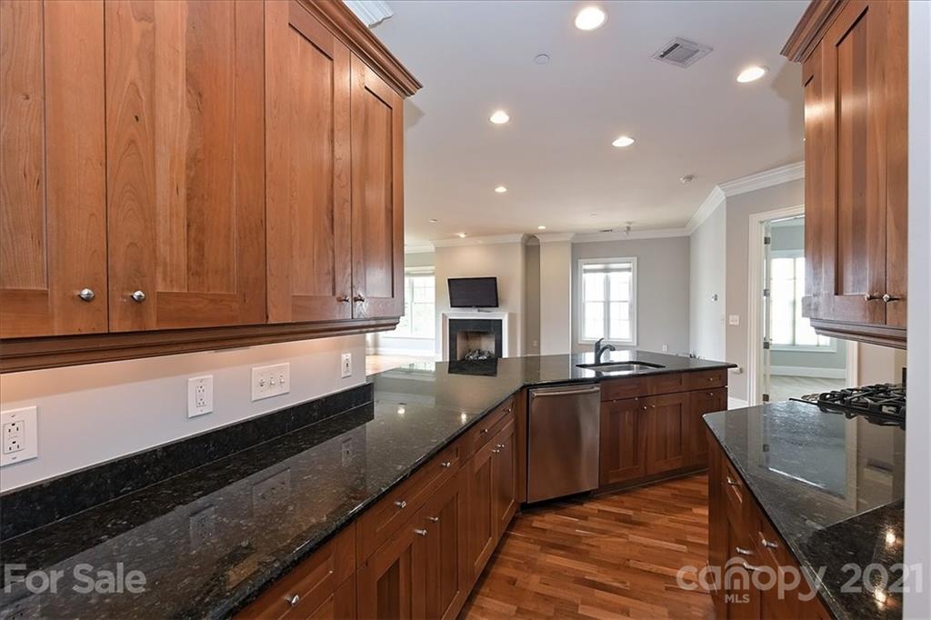 626 Queens Road, Unit 203 Charlotte, NC 28207 - Photo 29 of 48 a kitchen with granite countertop a sink dishwasher stove and cabinets