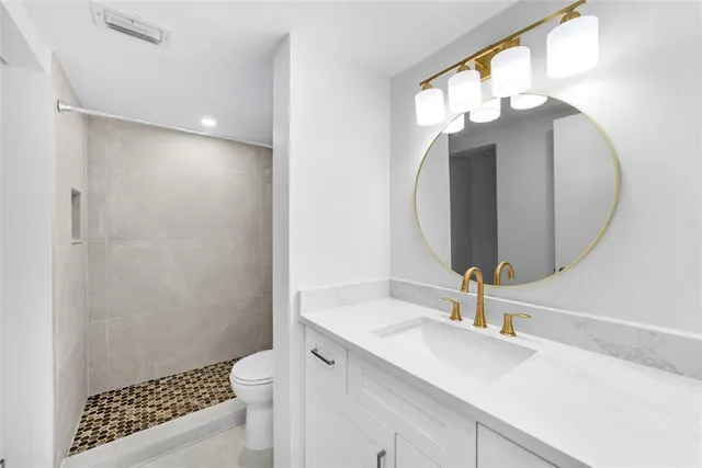 a bathroom with a sink a toilet and a mirror