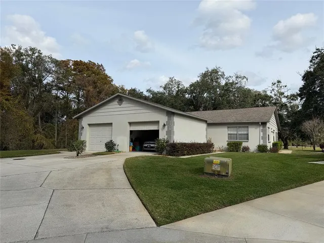 a view of a house with a yard and large tree
