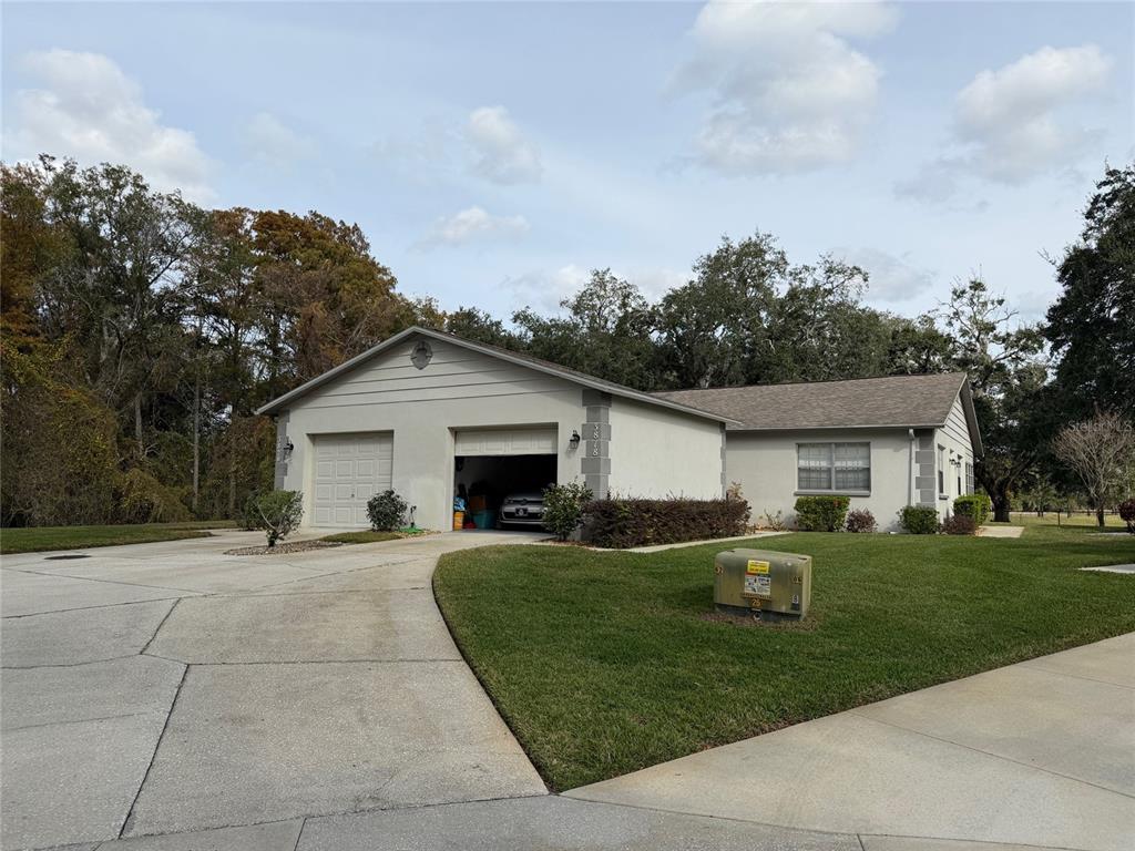a view of a house with a yard and large tree