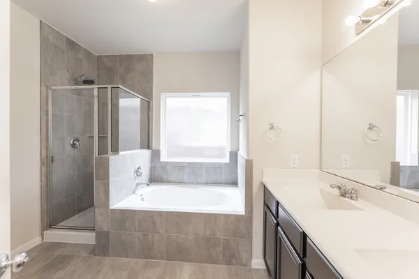 a bathroom with a tub sink and mirror