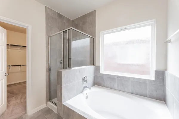 a bathroom with a bathtub and a shower