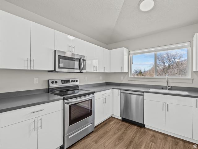 64 West 600 South, Unit C301 Springville, UT 84663 - Photo 14 of 40 Kitchen with stainless steel appliances, white cabinetry, dark countertops, a textured ceiling, and dark wood-type flooring