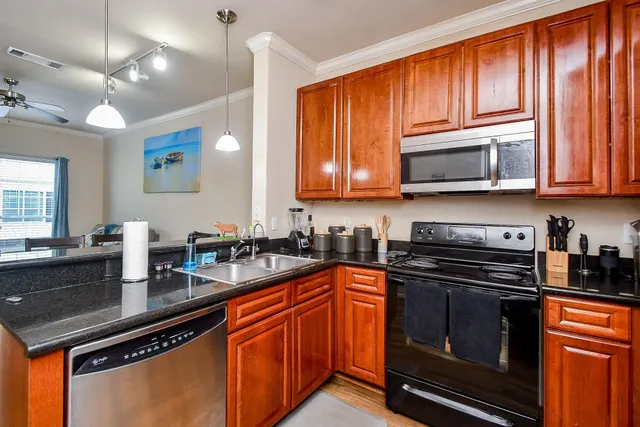 a kitchen with stainless steel appliances granite countertop a stove a sink dishwasher and a microwave