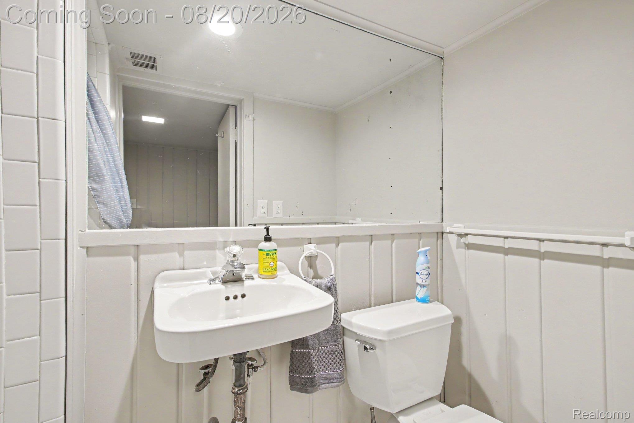 4098 Wakefield Road Berkley, MI 48072 - Photo 41 of 49 White wall-mounted sink with chrome faucet, white toilet, and vertical plank wainscoting. Lover level