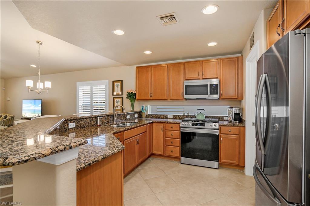 19633 Villa Rosa Loop Estero, FL 33967 - Photo 11 of 50 Kitchen featuring stainless steel appliances, sink, dark stone countertops, and kitchen peninsula