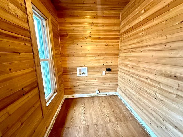 a view of a balcony with door