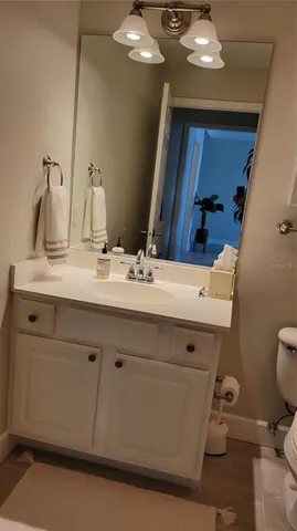 a bathroom with a sink a toilet and mirror