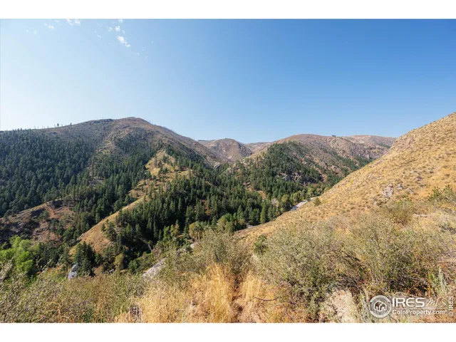 a view of a dry yard with mountains in the background