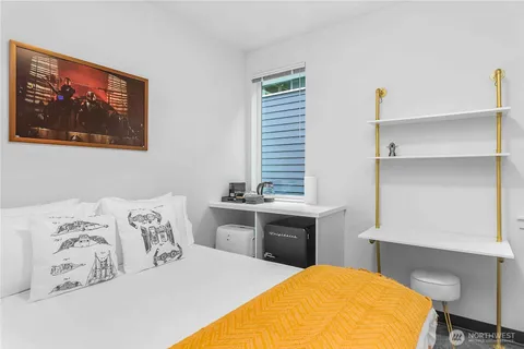 a bedroom with a bed and a desk