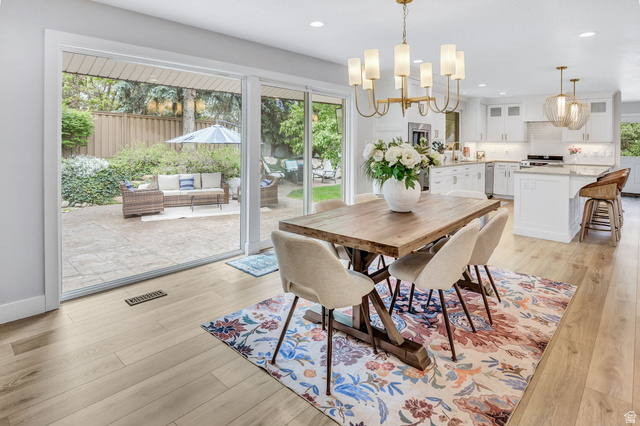 1350 Canyon Park Road Bountiful, UT 84010 - Photo 14 of 38 Dining area with light wood-finish flooring and a contemporary chandelier