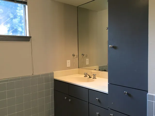 a bathroom with a sink and a mirror