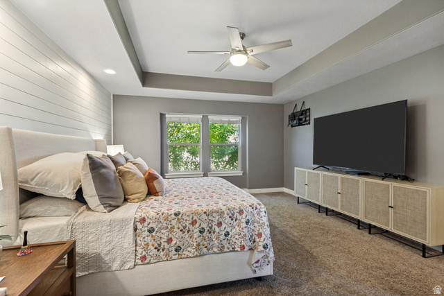 40 Wheeler Road Heber City, UT 84032 - Photo 13 of 41 Tray ceiling with recessed lighting, shiplap accent wall, and a ceiling fan