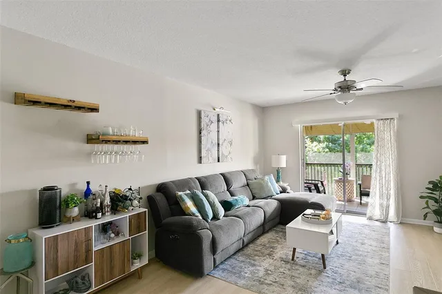 a living room with furniture a potted plant and a large window