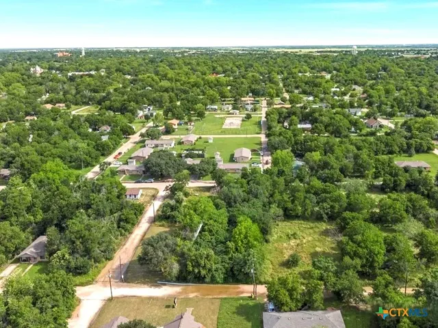 an aerial view of residential houses with outdoor space and trees
