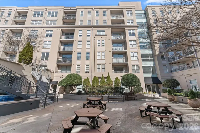 a building with outdoor seating space