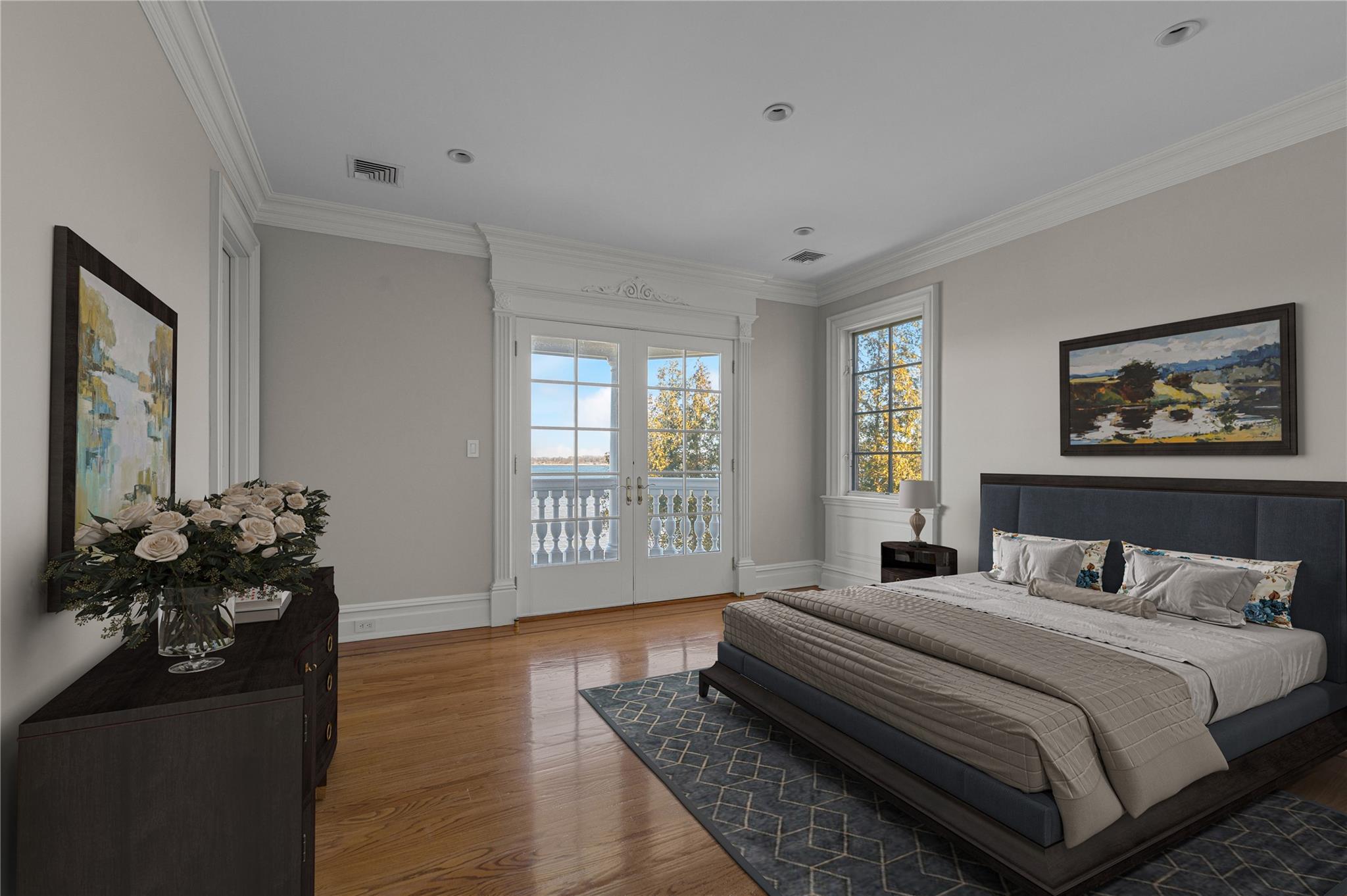 3 Point Crescent Queens, NY 11357 - Photo 25 of 38 Bedroom with light wood-style floors, ornamental molding, access to outside, baseboards, and french doors