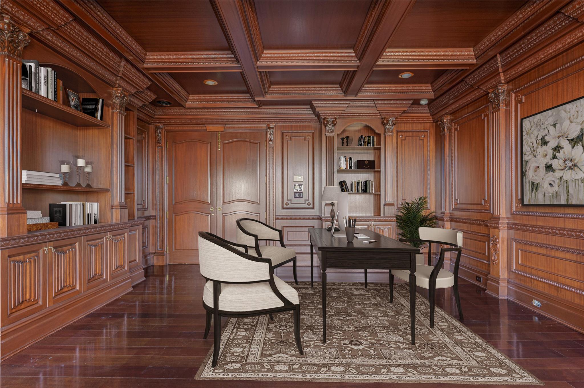 3 Point Crescent Queens, NY 11357 - Photo 10 of 38 Office area featuring crown molding, built in shelves, coffered ceiling, wooden walls, and beam ceiling