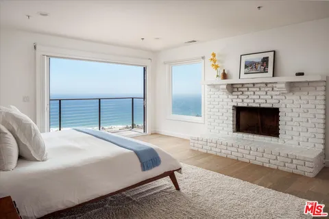 a bedroom with a bed and a fireplace