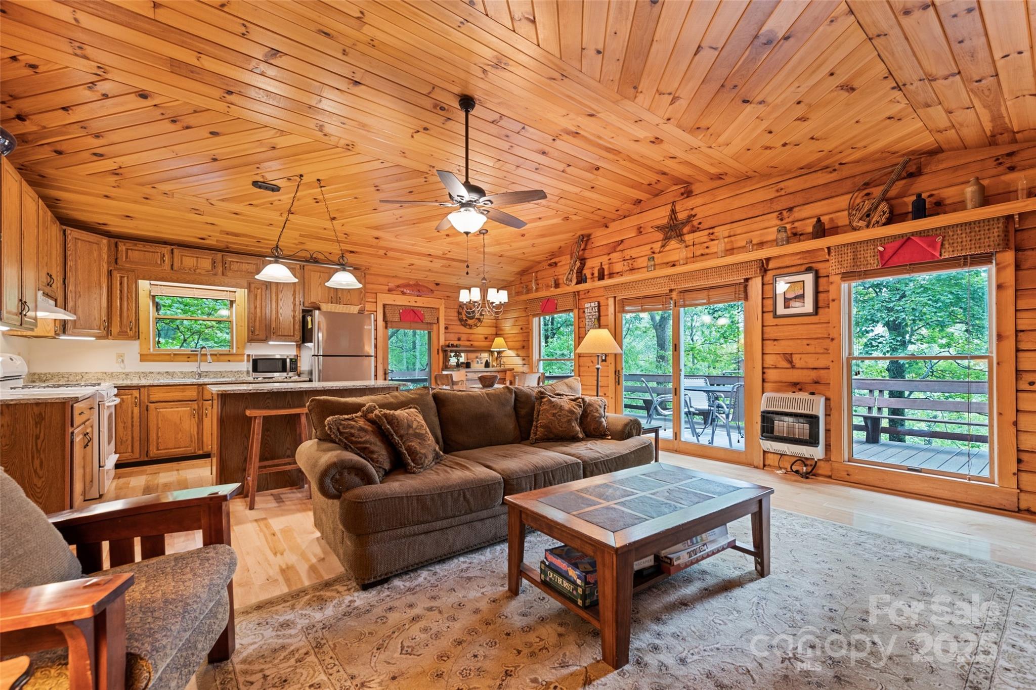 4231 Bald Creek Road Clyde, NC 28721 - Photo 1 of 23 a living room with furniture a flat screen tv and a floor to ceiling window