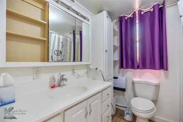 a bathroom with a sink a toilet and shower curtain
