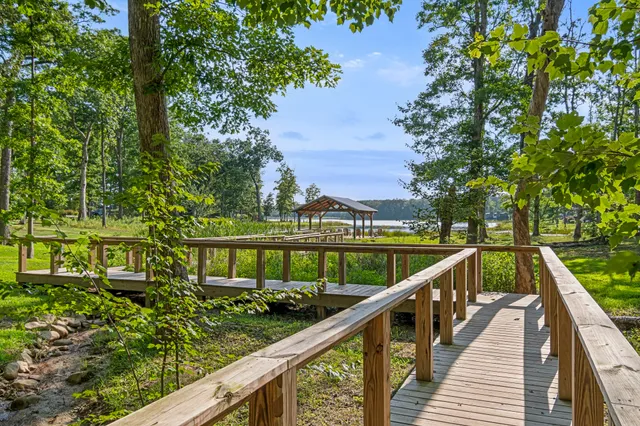 a view of a lake in middle of the town