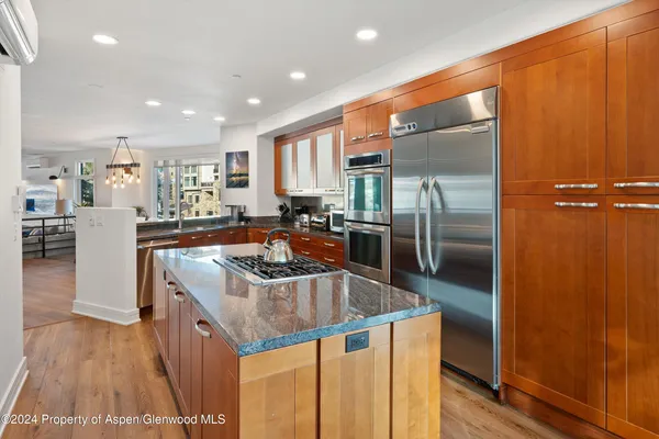 a kitchen with stainless steel appliances granite countertop a sink and a refrigerator