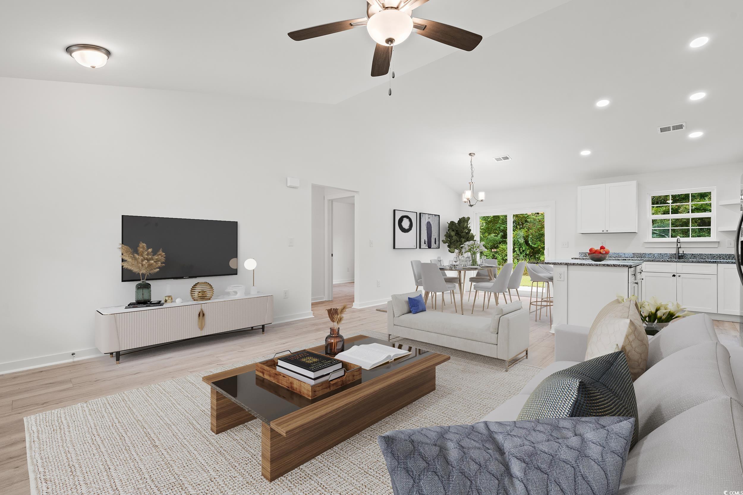 2827 Biscane Court Conway, SC 29527 - Photo 2 of 31 Living room featuring lofted ceiling, recessed lighting, light wood-style flooring, and ceiling fan