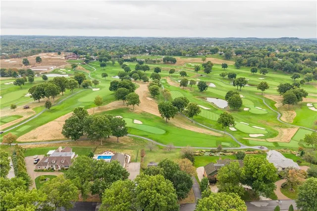 an aerial view of residential houses with outdoor space and trees