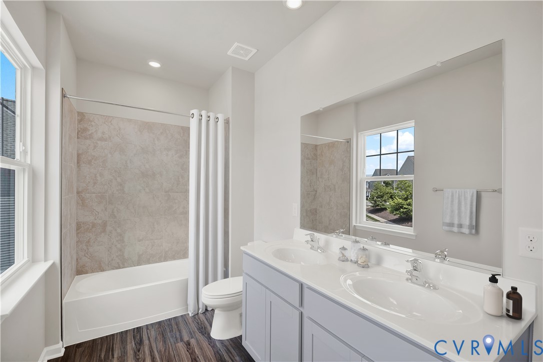 6454 Fennec Run Moseley, VA 23120 - Photo 7 of 23 a bathroom with a bathtub shower sink vanity mirror and toilet