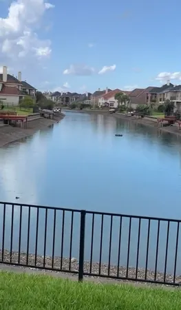 a view of a lake with houses in the background