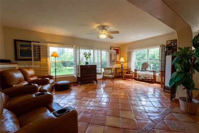 a living room with furniture and a floor to ceiling window