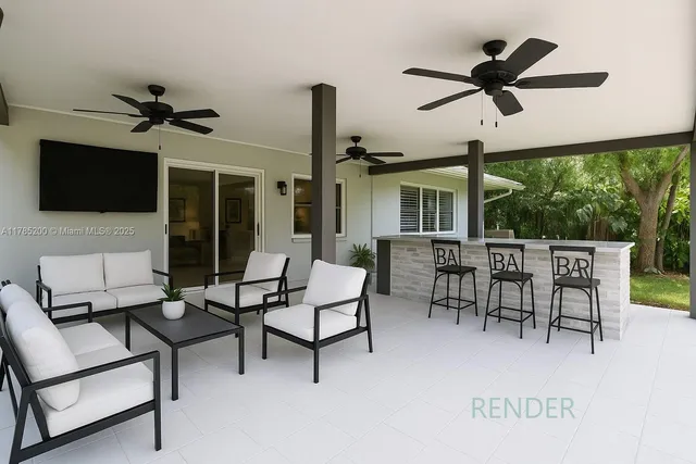 a living room with furniture a flat screen tv and a large window