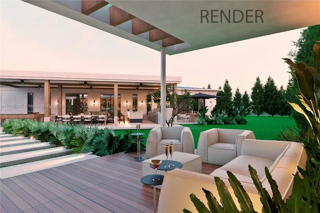 a view of a patio with couches table and chairs and garden