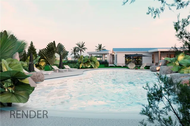 a view of a swimming pool with lawn chairs