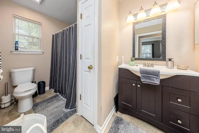 a bathroom with a toilet a sink and mirror