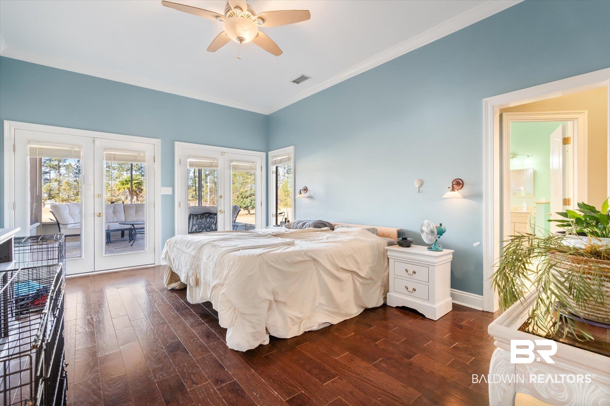 15635 County Road 83 Elberta, AL 36530 - Photo 11 of 54 Bedroom with ceiling fan, dark hardwood / wood-style flooring, access to outside, and french doors