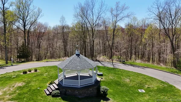a view of a backyard with table and chairs potted plants and large trees