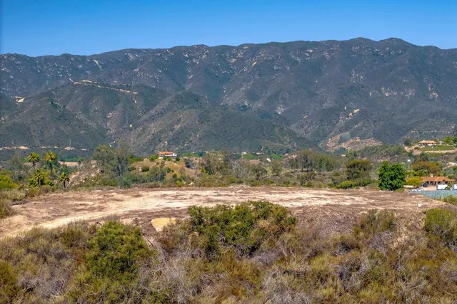 a view of a dry yard with mountains in the background