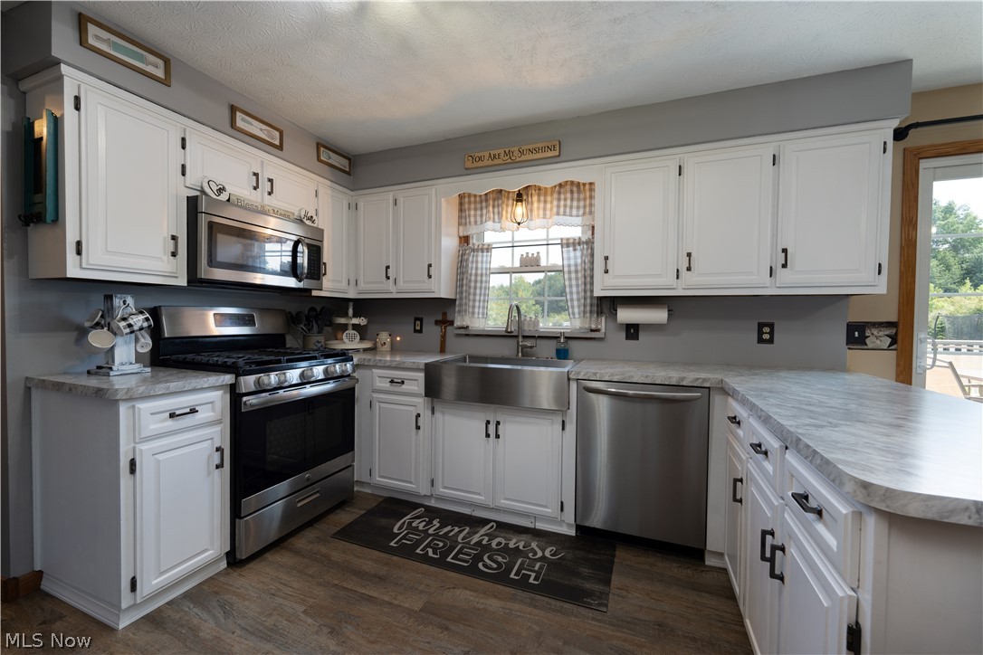 3856 Jones Road Diamond, OH 44412 - Photo 17 of 38 Kitchen with luxury vinyl flooring, a wealth of natural light, appliances with stainless steel finishes, and farmhouse kitchen sink