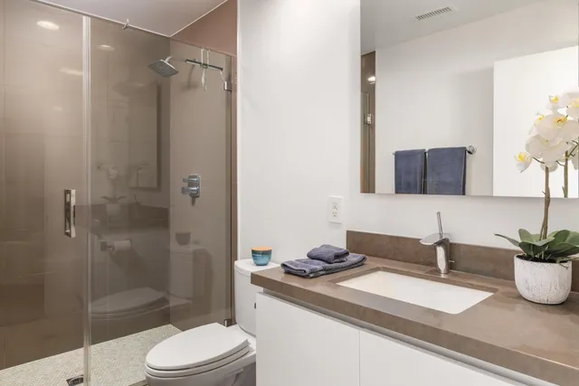 a bathroom with a sink a toilet and shower