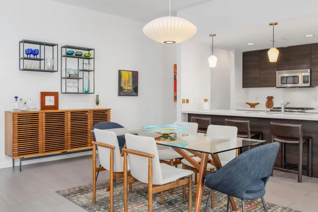 a view of a dining room with furniture