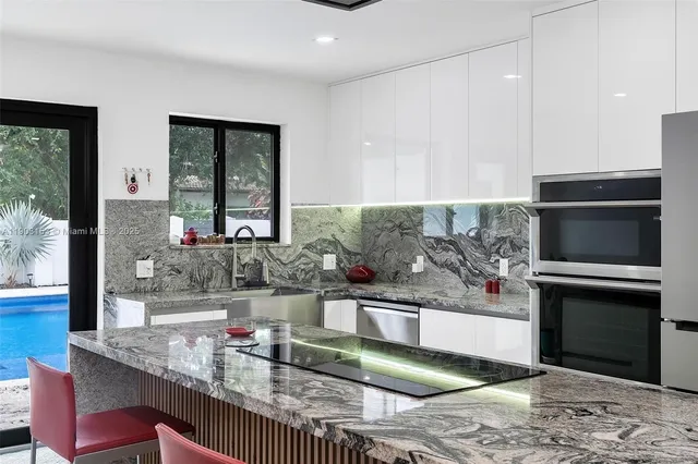 a view of wooden house with a bench