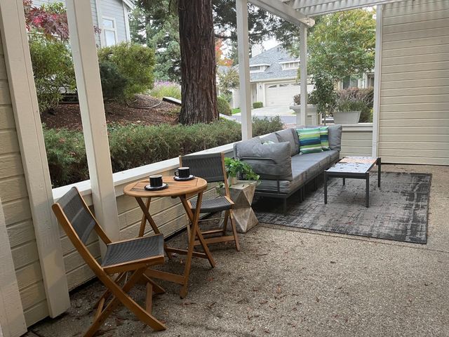 an aerial view of a house with a garden